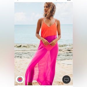 Lulus Seaside Retreat Coral Red And Magenta Sheer Maxi Cover-Up
